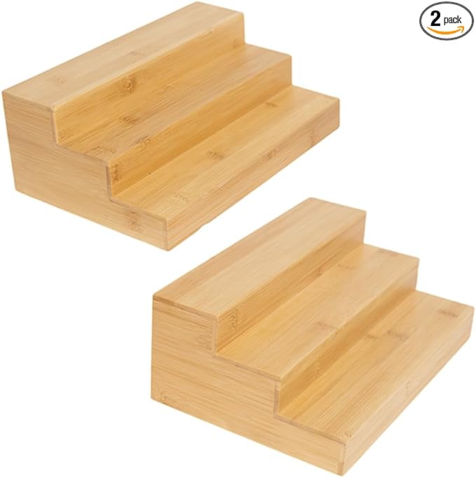 Bamboo Spice Rack Organizer for Cabinet Wooden Spice Shelf for Kitchen Pantry Storage Organizer 3 Tier Countertop(2 Pack)