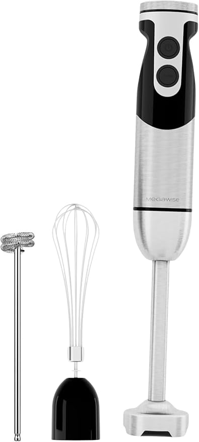 Megawise High-Power Hand Blender – 400W Max Power with Versatile 3-in-1 Attachments (Blending Shaft, Whisk, Chopper); Ergonomic Design with Adjustable Speed Control; Easy to Clean and Maintain (Black)