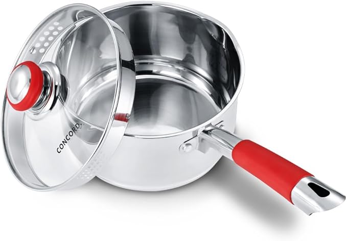 Concord 3 Quart Stainless Steel Saucepan with SIMPLE POUR Vented Glass Lid. Features Dual Pouring Spouts and Volume Marking. Perfect for making Sauces, Jam, Ramen, and more