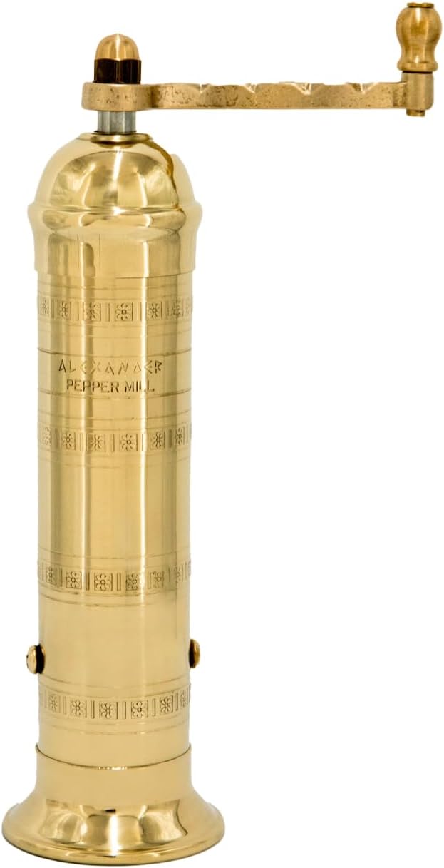 The Original Greek Pepper Mill 8 Inch Tall | European Pepper Mill Grinder with Crank Handle | Manual Pepper Grinder | Peppercorns Refillable - Brass