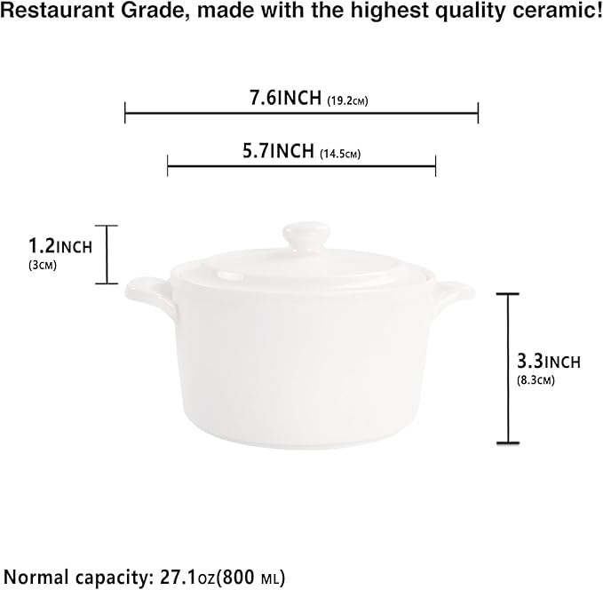 Mini Casserole Dish With Lids, Porcelain Baking Cocotte Set of 4, French Onion Soup 27 oz, Ramekins for Soup, Casseroles, Leftovers, Kitchen Cooking - Microwaves, Oven and Dishwasher Safe