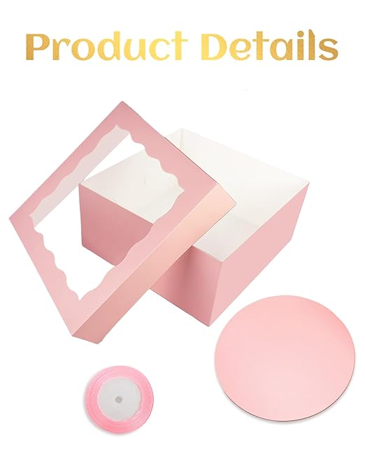 qiqee 12x12x6 Cake Box, 18 Sets Pink Cake Box with Window & 18 Sets 8" Cake Round Boards, 8inch Cake Containers, 10 Meters Silk Ribbon