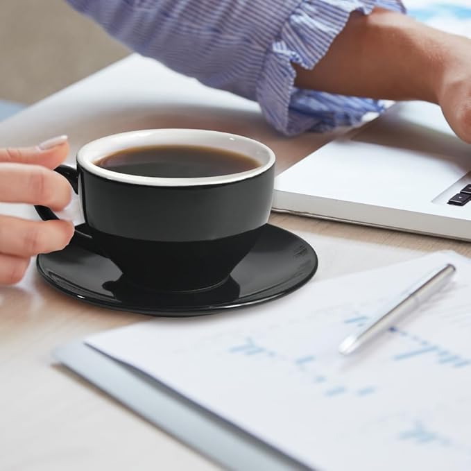 Porcelain Coffee Cup with Saucer 220ml/7.3oz for Cappuccino, Latte, and Tea, Black