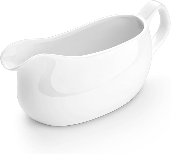 Nucookery Large 17 Oz Gravy Boat with Ergonomic Handle, White Fine Porcelain Saucier with Big Dripless Lip Spout, Bowl For Thanksgiving, Warming Sauces, Salad Dressings, Milk, Microwave & Freezer Safe