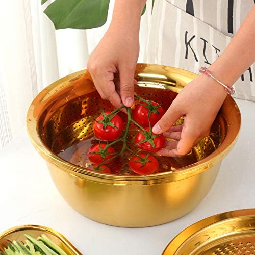 TEHAHA Colander Set With Peeler,3 in 1 Strainer for Kitchen: Stainless Steel Vegetable Slicer,Large Capacity Drain Basket With Mixing Bowl For Washing Vegetables, Fruit, Rice,Dishwasher Safe,Gold.
