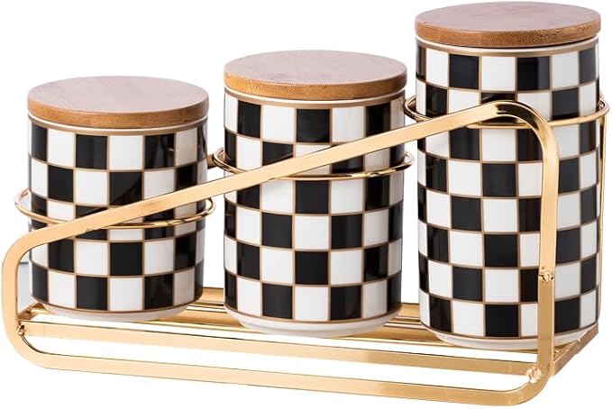 Kitchen Countertop Ceramic Checkered Canisters Set, 3Pcs Grid Pattern Kitchen Jars with Layered Shelves, Sealed Countertop Flour and Sugar Containers, Coffee and Tea Storage