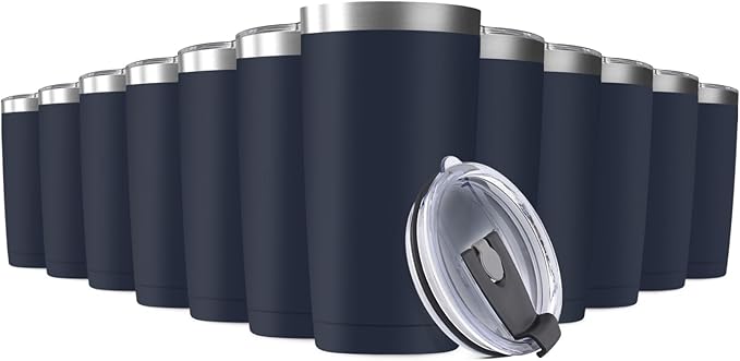 12Pack 20oz Tumbler Vacuum Insulated Travel Mug with Lids, Stainless Steel Double Wall Bulk Cup for Home, Office, Outdoor Suitable for Vehicle Cup Holders (Navy)
