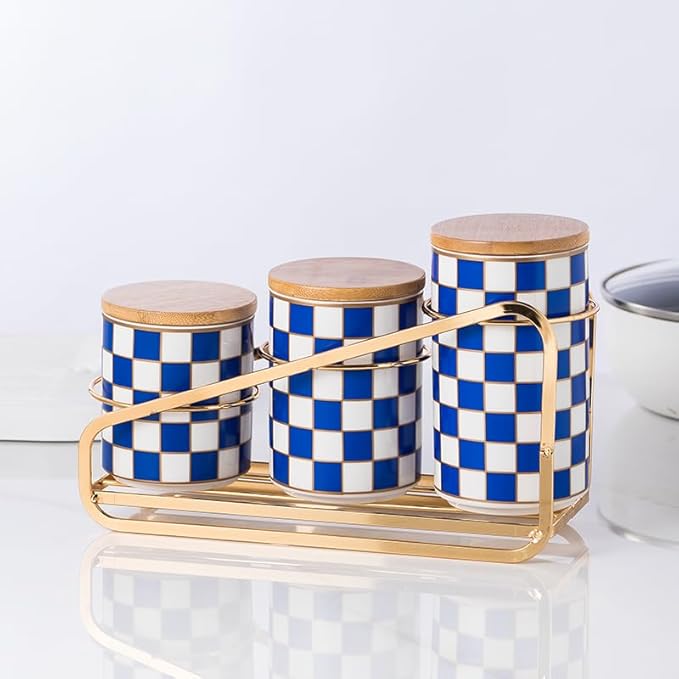 Kitchen countertop ceramic grid pattern airtight jar set - a set of 3 kitchen jars with layered shelves, sealed countertop flour and sugar containers, coffee and tea storage (Blue)