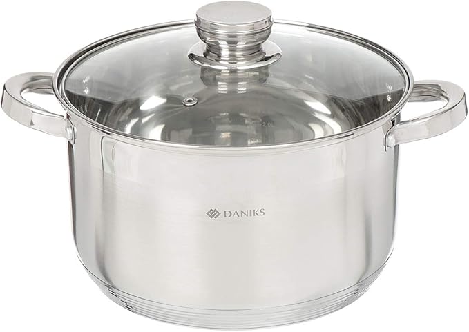 Daniks Standard Stainless Steel Stock Pot with Glass Lid – Induction 4 Quart, Dishwasher Safe, Measuring Scale, For Soup, Pasta, Stew, Silver