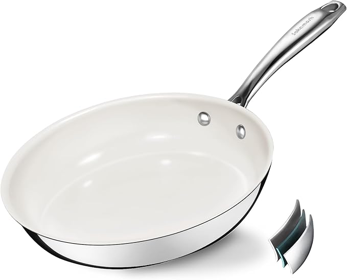 9.5 Inch Nonstick Ceramic Frying Pan, Tri-Ply Stainless Steel Skillet with Stay-Cool Handle, PFAS/PFOA/PTFE Free, No Seasoning Required, High Heat & Induction Safe, Dishwasher/Oven Safe