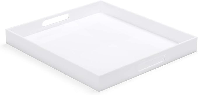 White Modern Acrylic Ottoman Tray with Cutout Handles 22x22 Inch Over-Sized Serving Tray Rubber Boot Tray Organizer Decorative Tray for Living Room, Bedroom,Bathroom and Kitchen Tabletop