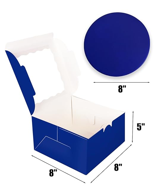 qiqee 8x8x5 Cake Box, 18 Sets Deep Blue Cake Box with Window & 18 Sets 8" Deep Blue Cake Round Boards, 8inch Cake Containers