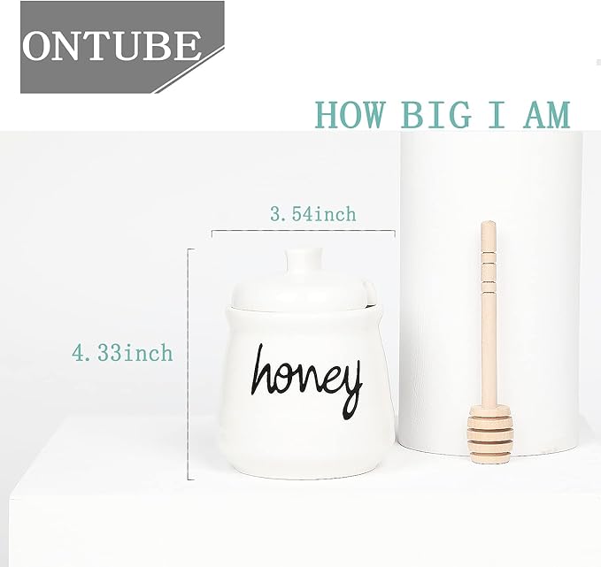 12 oz Honey Jar with Dipper and Lid, Ceramic Honey Pot, White