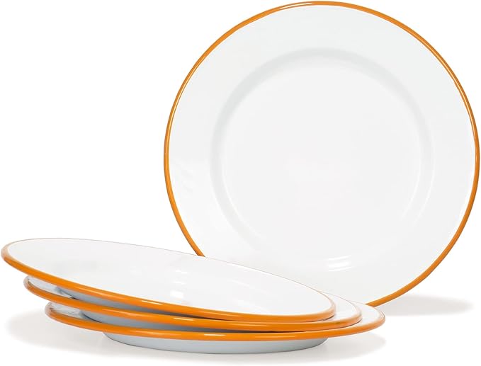 Red Co. Set of 4 Enamelware Metal Classic 10" Round Dinner Plate, Solid White/Orange Rim