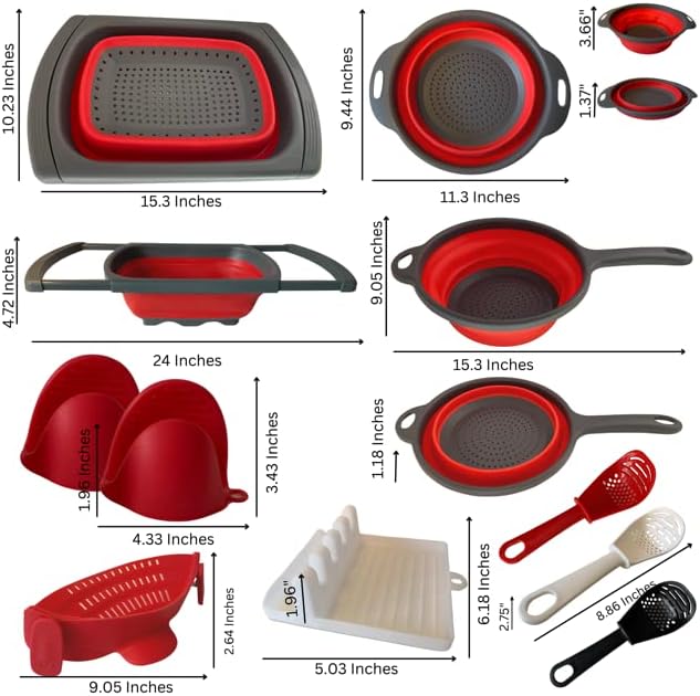 BaraBara Silicone 10 pcs Telescopic Collapsible Strainers with Handles, Foldable Bowl, Clip on Drainer. Red Spoon Rest, 3 ladle Masher Spoons. Silicone Gloves Heat Resistant Bundle Cooking Set.