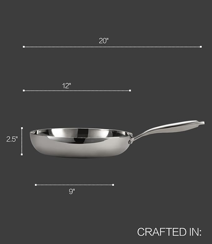 12" Stainless Steel Frying pan W/Lid, 3-Ply Stainless Steel Pan, Induction, Oven Broiler Safe 600F Skillet, Professional Cookware, Polished Sliver