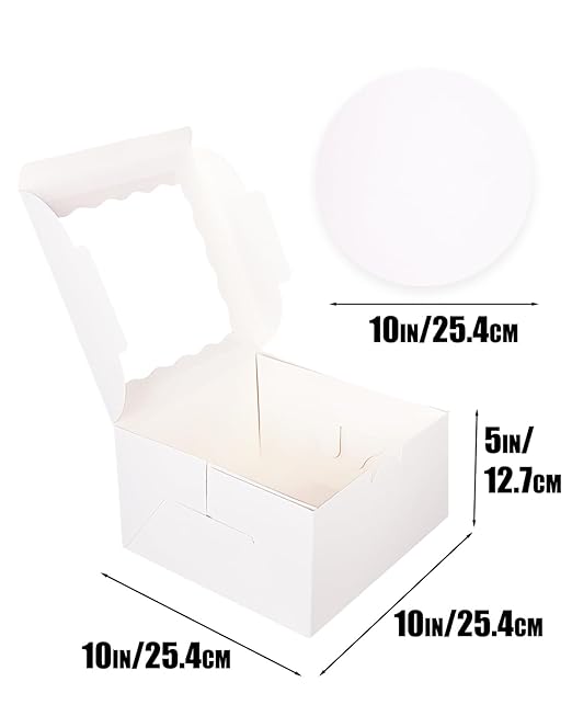 qiqee White 8x8x5 Cake Box, 4 Sets White Cake Box with Window & 4 Sets 8" White Cake Round Boards, 8inch Cake Containers