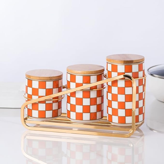 Kitchen countertop ceramic grid pattern airtight jar set - a set of 3 kitchen jars with layered shelves, sealed countertop flour and sugar containers, coffee and tea storage (Orange)