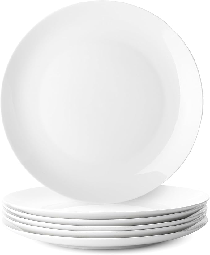 Brew To A Tea White Porcelain Dinner Plates, Set of 6, 10.5 Inch, Classic Style, Porcelain Construction, Dinner Plates