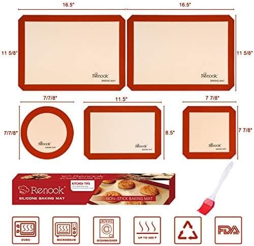Silicone Baking Mat, 5 Pcs Grade Food Non-Stick Reusable Baking Mat, Slip Oven Liner Sheet, Round & Square Cake Pan Mat & Silicone Brush for Macaron, Pastry, Cookie