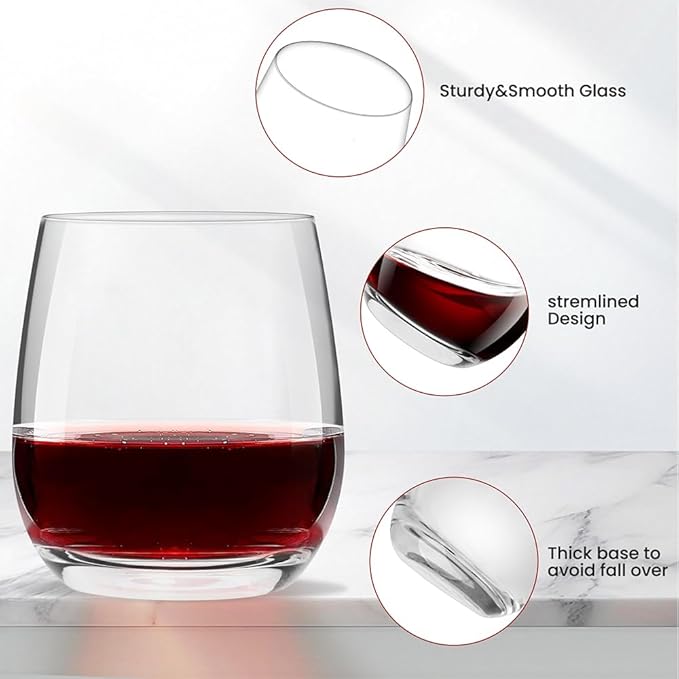 12 Ounce Stemless Wine Glasses/Whiskey Glasses/Beverage Glasses, Set of 4 Great For Drinking Wine, Whiskey or Juice, Versatile Glass Cups/Glassware Sets/Glass Tumblers