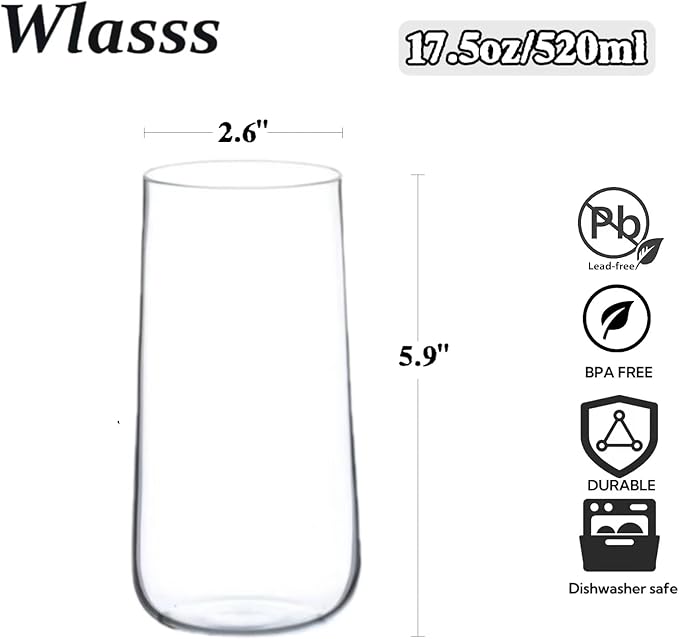 Water Glasses Set of 6, 17.5oz Large Drinking Glasses, Clear Crystal Lightweight Glass cups, Glassware Set for Juice,Iced Tea,Mojito,kitchen and bar,Gifts