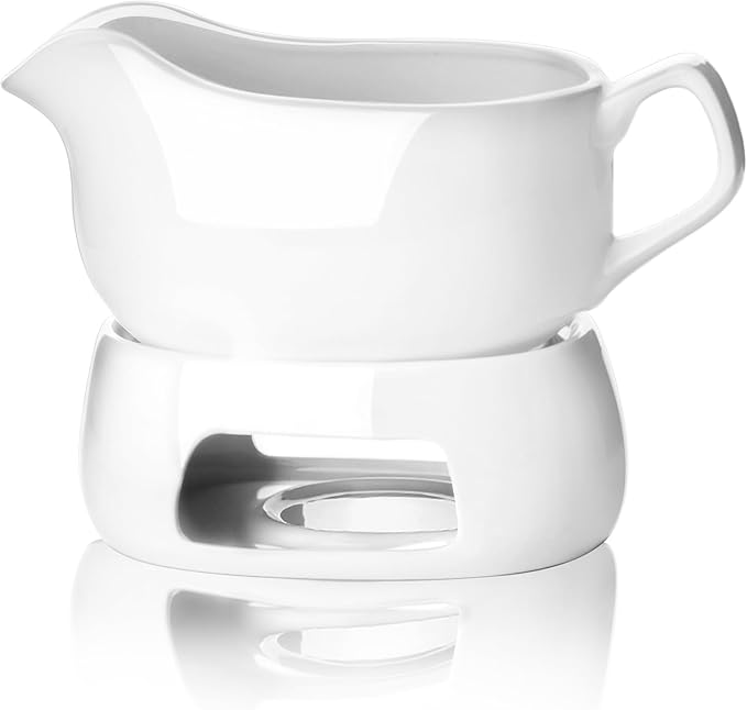 Nucookery Large 18 Oz Gravy Boat with Warmer, White Fine Porcelain Saucier with Big Dripless Lip Spout, Gravy Bowl For Thanksgiving, Warming Sauces, Salad Dressings, Microwave & Freezer Safe(Modern)