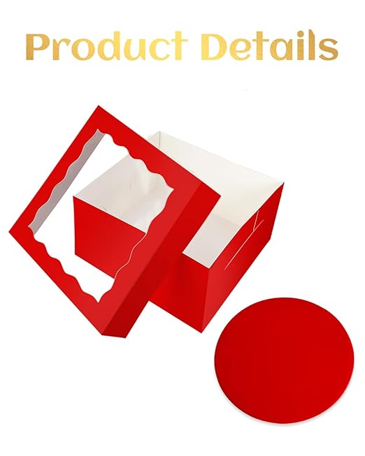 qiqee 12x12x6 Cake Box, 18 Sets Red Cake Box with Window & 18 Sets 12" Red Cake Round Boards, 12inch Cake Containers