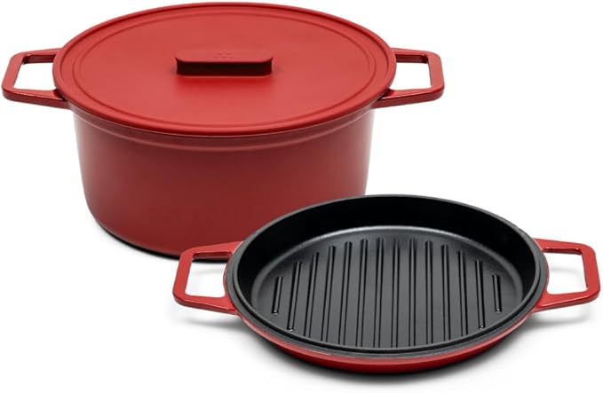 Misen 5.5 QT Enameled Cast Iron Dutch Oven - Chip-Resistant Enamel Coating - Thick Iron Core For Heat Retention - Large Cooking Surface - Oven Safe, Induction Compatible - Grill and Silicone Lid, Red
