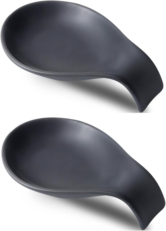 Nihow Ceramic Spoon Rest: 4 Inch Stable Utensil Rest - Heat Resistant Spoon Holder for Kitchen counter/Countertop/Stove Top - Dishwasher Safe - Matte Black (Set of 2)