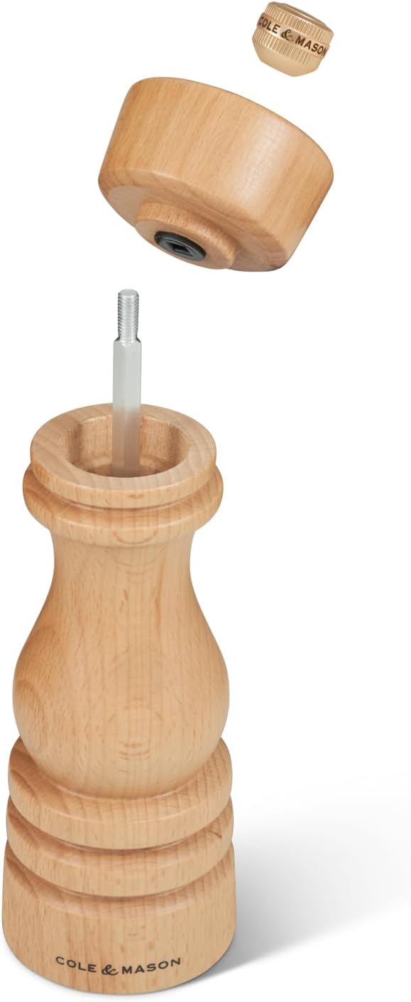 Cole & Mason London Refillable Spice Mill - Kitchen & Home Accessory - Table Black Pepper Grinder - Pepper Mill with Carbon Steel Mechanism - 7", Natural Beech