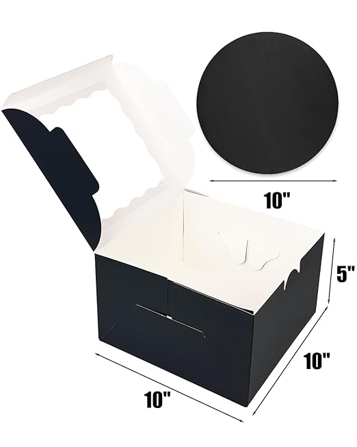 qiqee 10x10x5 Cake Box, 18 Sets Black Cake Box with Window & 18 Sets 10" Black Cake Round Boards, 10inch Cake Containers