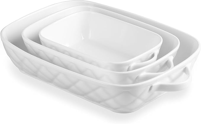 Sweejar Casserole Dishes for Oven, Baking Dish Set of 3,Ceramic Bakeware Set, Rectangular Baking Pan for Cooking,Kitchen,Banquet,12.2x9.2x2.5 Inches (White)