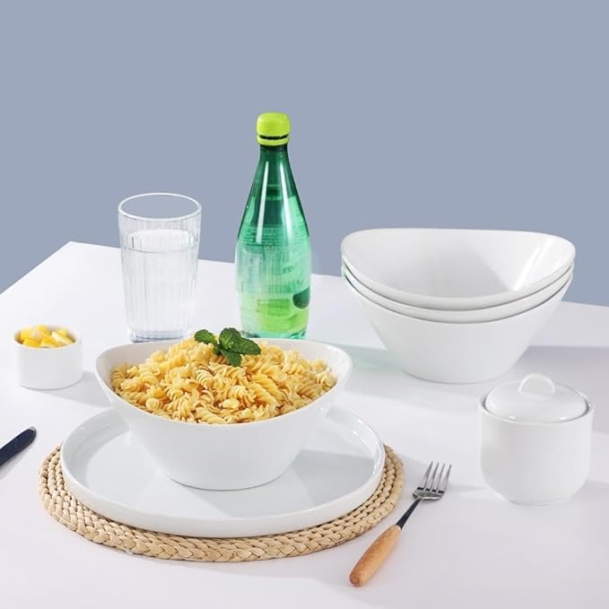Porcelain Salad Bowls, 38 Ounce pasta bowls set of 4, 8 inch White serving bowls for cereal, soup, ramen, snacks, rice, Oven Dishwasher Safe