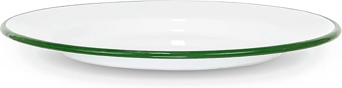 Red Co. Set of 4 Enamelware Metal Classic 10" Round Dinner Plate, Solid White/Dark Green Rim