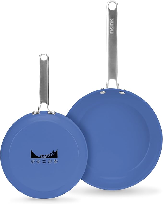 MsMk Ceramic Nonstick 8-inch and 10-inch Frying Pan Set, No PFAS & PTFE & PFOA, Stainless Steel Handle, Dishwasher & Oven Safe,Blue