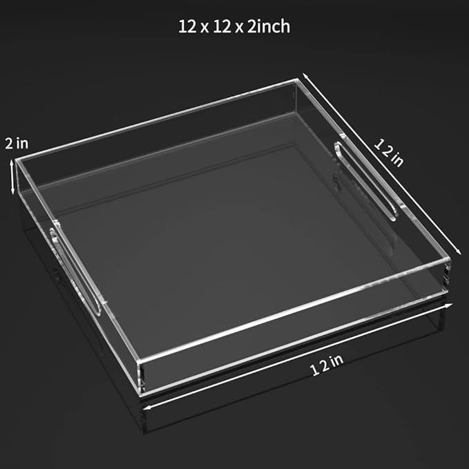 NIUBEE Clear Serving Tray 12x12 Inches -Spill Proof- Acrylic Decorative Tray Organiser for Ottoman Coffee Table Countertop with Handles