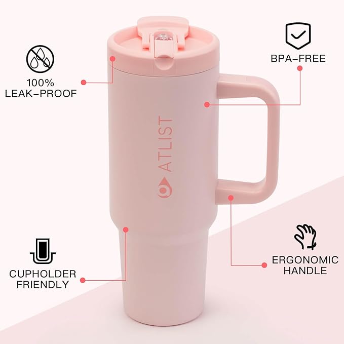 100% Leakproof 40 oz Tumbler with Handle & 4-in-1 SipSwig Lid, Built-In Flip Straw & External Stainless Steel Straw, Insulated Stainless Steel Cup, BPA-Free, Pink