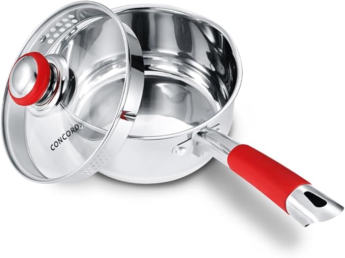 Concord 2 Quart Stainless Steel Saucepan with SIMPLE POUR Vented Glass Lid. Features Dual Pouring Spouts and Volume Marking. Perfect for making Sauces, Jam, Ramen, and more
