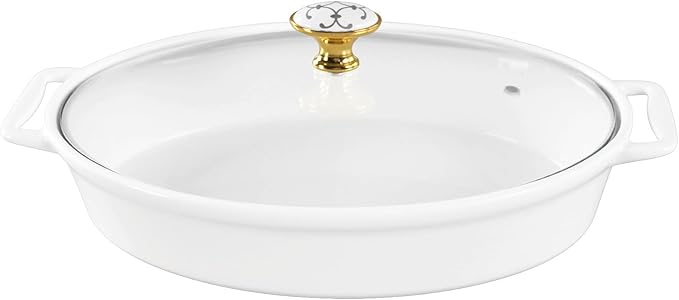 11" x 7" Ceramic Oval Casserole Dish with Glass Lid, 1.3 Quart White Serving Soup Tureen,Chafing Dish for Buffet, Family Food preserve Tray, Catering Casserole for Party Style