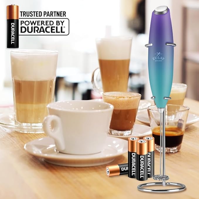 Zulay Kitchen Powerful Milk Frother Wand With 4 AA Duracell Batteries - Ultra Fast Handheld Drink Mixer - Electric Whisk Foam Maker for Coffee, Lattes, Cappuccino, Matcha & Creamer -