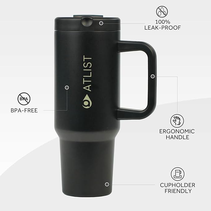 100% Leakproof 40 oz Tumbler with Handle & 4-in-1 SipSwig Lid, Built-In Flip Straw & External Stainless Steel Straw, Insulated Stainless Steel Cup, BPA-Free, Black
