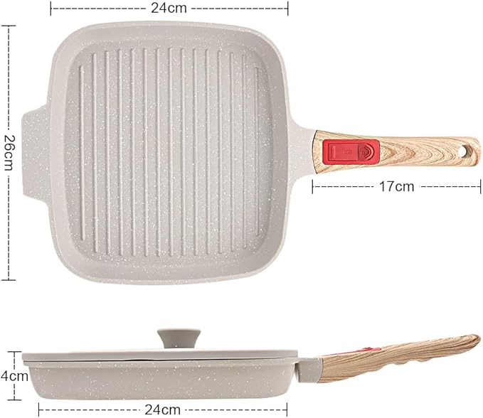Griddle Pan with Lid, 10 Inch Cast Aluminium Non Stick Steak Pan with Detachable Handle for Induction Hob, White