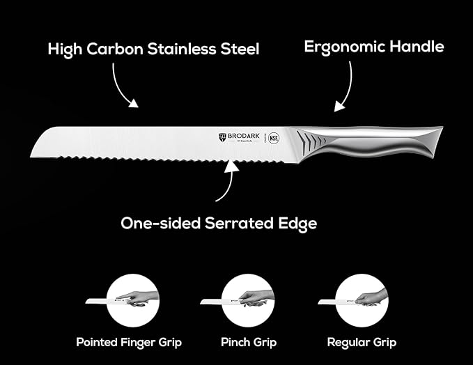 BRODARK Bread Knife - 10" Serrated Knife for Homemade Bread Sourdough - High Carbon Stainless Steel, One Piece Design, Sharp Serrated Edge for Even & Straight Slicing - NSF Certified, Shark Series