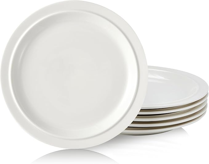 10.5-inch Porcelain Dinner Plate Set of 6 - Microwave, Oven and Dishwasher Safe, Scratch Resistant. (White)