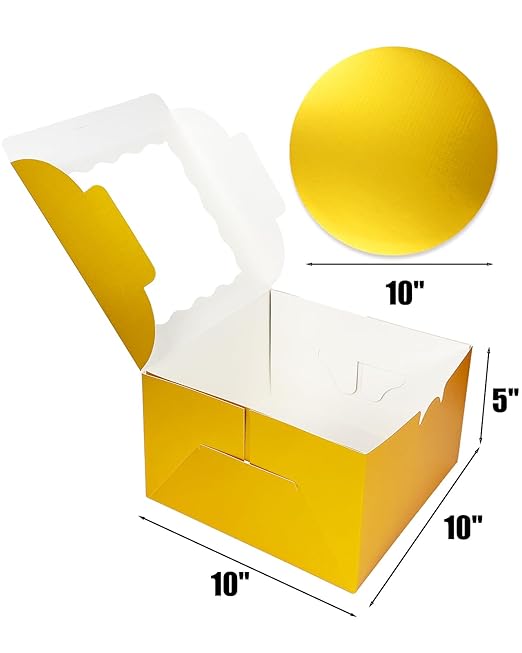 qiqee 10x10x5 Cake Box, 18 Sets Gold Cake Box with Window & 18 Sets 10" Gold Cake Round Boards, 10inch Cake Containers