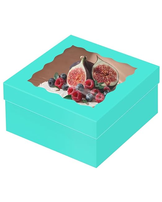 qiqee 12x12x6 Cake Box, 18 Sets Mint Blue Cake Box with Window & 18 Sets 12" Mint Blue Cake Round Boards, 12inch Cake Containers