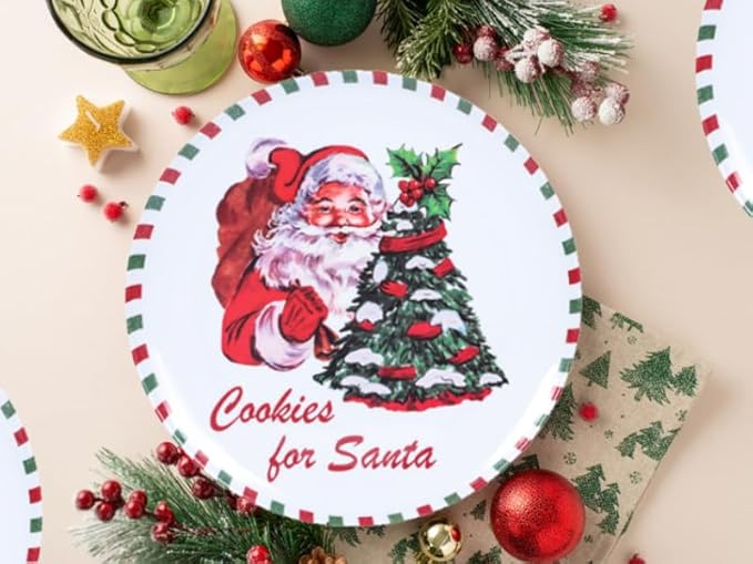 10-Inch Christmas Melamine Dinner Plates, 12-Piece Dishes Set, Lightweight & Stackable for Holidays& Decor Party plates, Ideal for Salad,Dessert,Fruit and Cakes