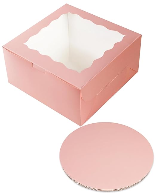 qiqee 8x8x5 Cake Box, 18 Sets Pink Cake Box with Window & 18 Sets 8" Pink Cake Round Boards, 8inch Cake Containers
