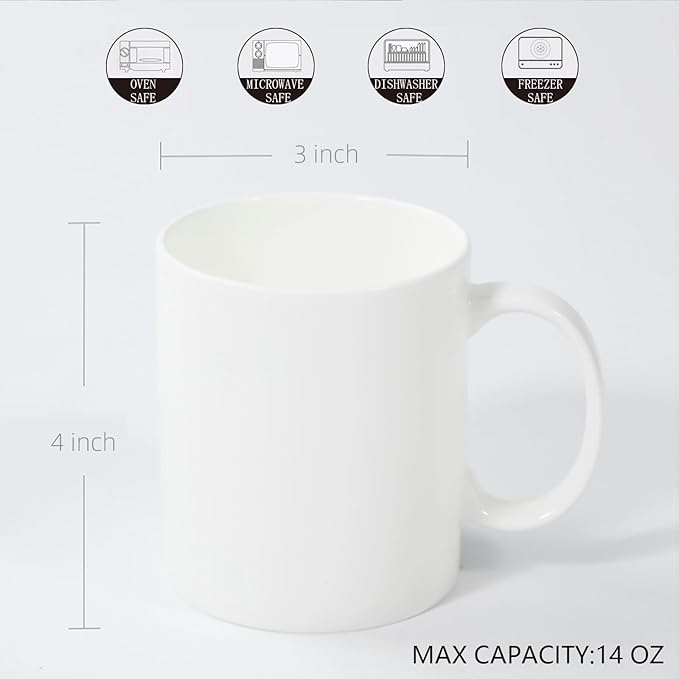 14 oz White Coffee Mugs Set of 2, Fine Bone China Lightweight Porcelain Coffee Cups With Handles for Hot Milk Cappuccino Mocha Cocoa Latte Espresso Coffee, Dishwasher & Microware Safe